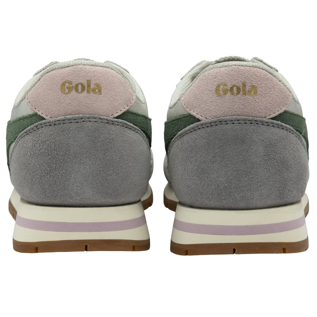Rear view of a pair of Gola women's trainers in silver with green stripes and a pale pink heel.
