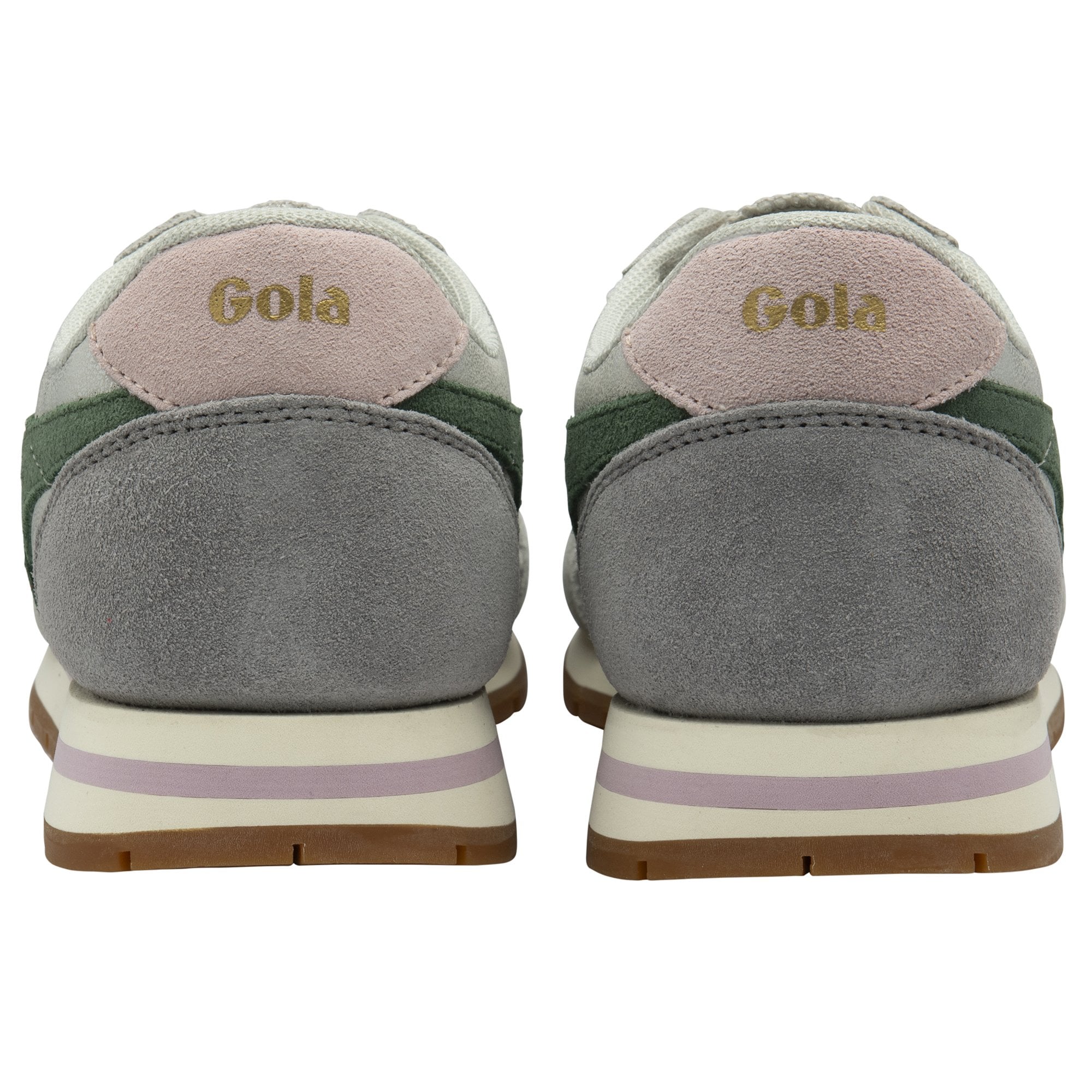 Rear view of a pair of Gola women's trainers in silver with green stripes and a pale pink heel.