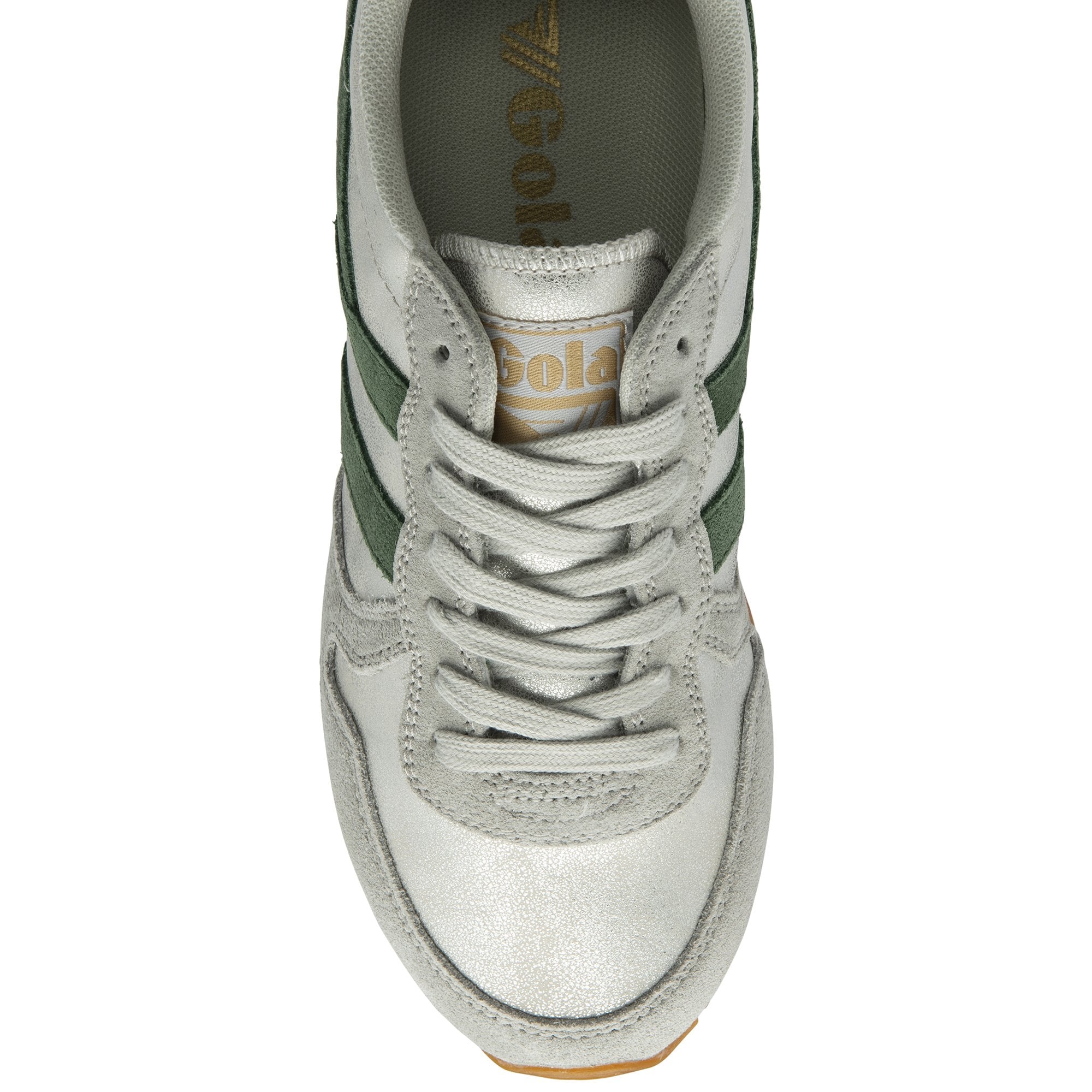 Top down view of a Gola women's trainer in silver with green stripes and a pale pink heel.