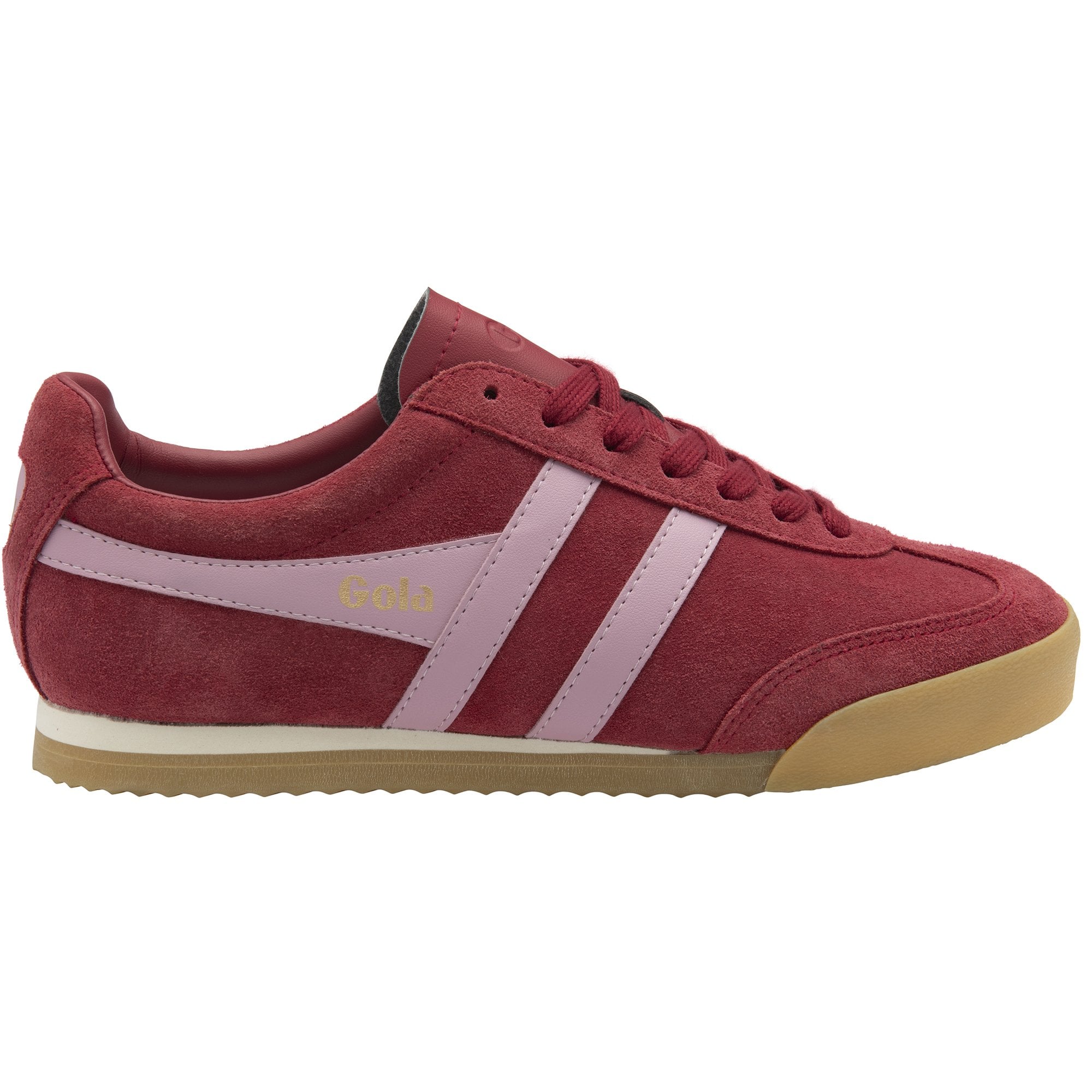 A single red Gola sneaker with light pink stripes on the side and a tan sole.