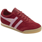 A single red Gola sneaker with light pink stripes on the side and a tan sole, angled view.