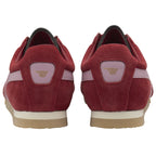 Rear view of a pair of red Gola sneakers with a white and tan sole.