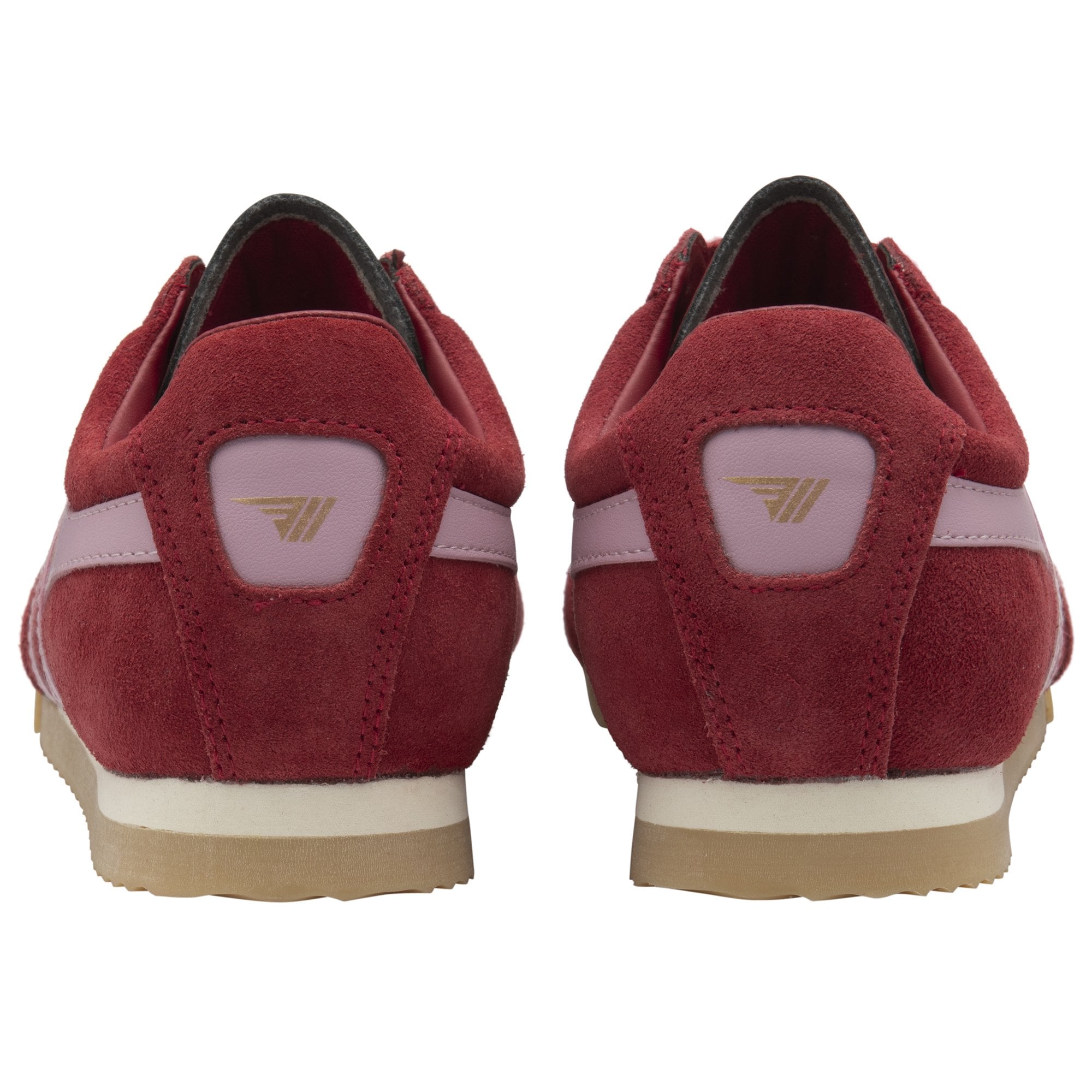 Rear view of a pair of red Gola sneakers with a white and tan sole.