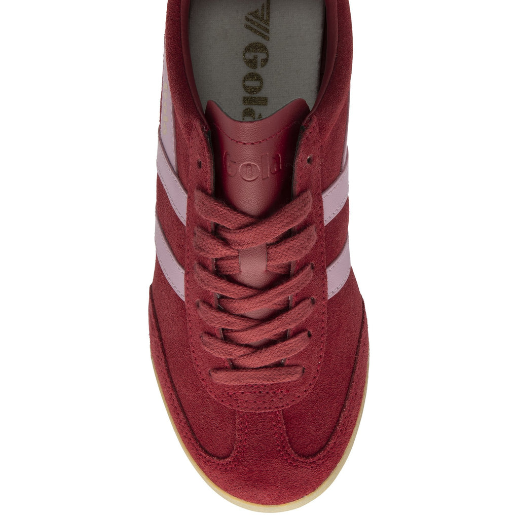 Top-down view of a single red Gola sneaker with pink stripes and matching laces.