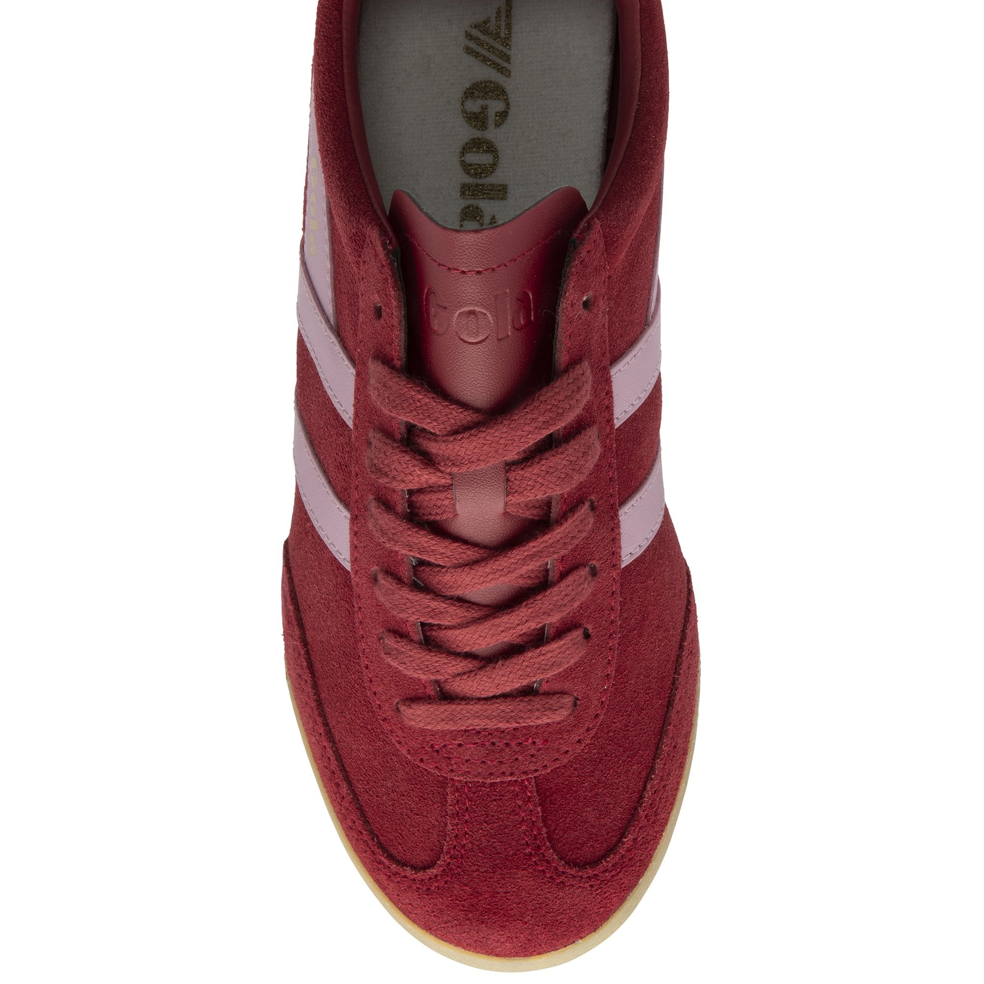 Top-down view of a single red Gola sneaker with pink stripes and matching laces.