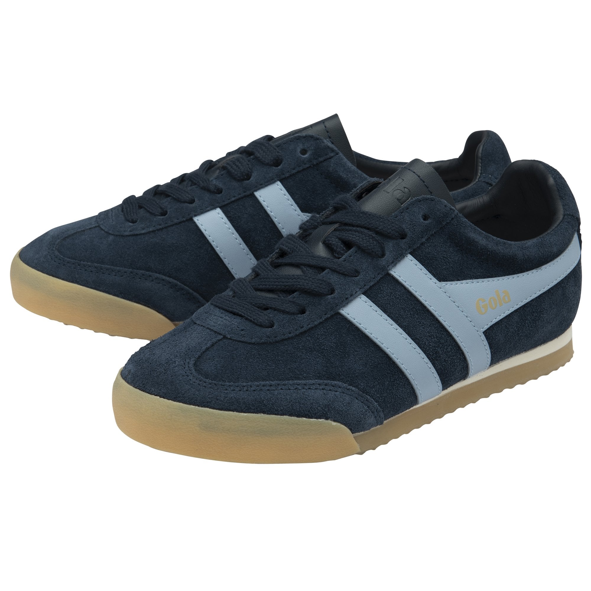 A pair of Gola low-top navy and light blue sneakers with gum soles, viewed from an angle.