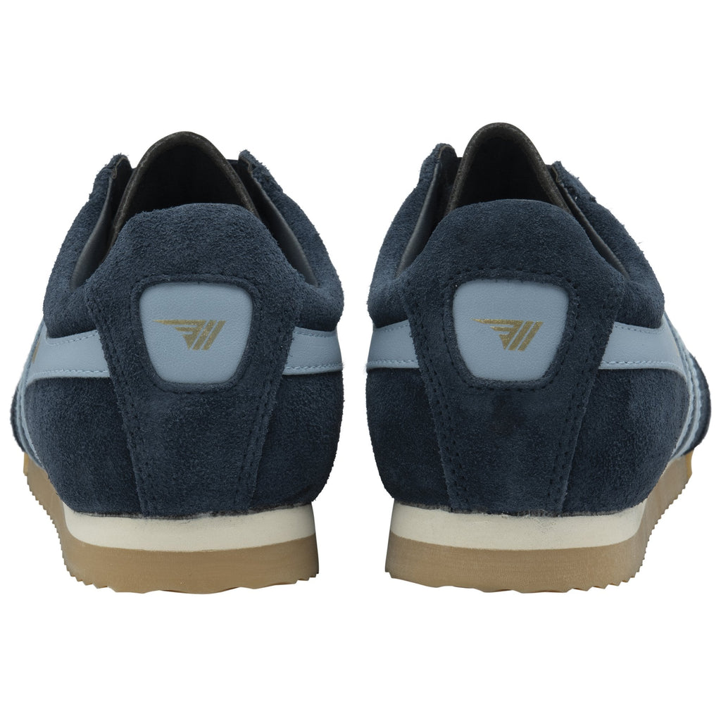 The rear view of a pair of Gola low-top navy and light blue sneakers with gum soles.