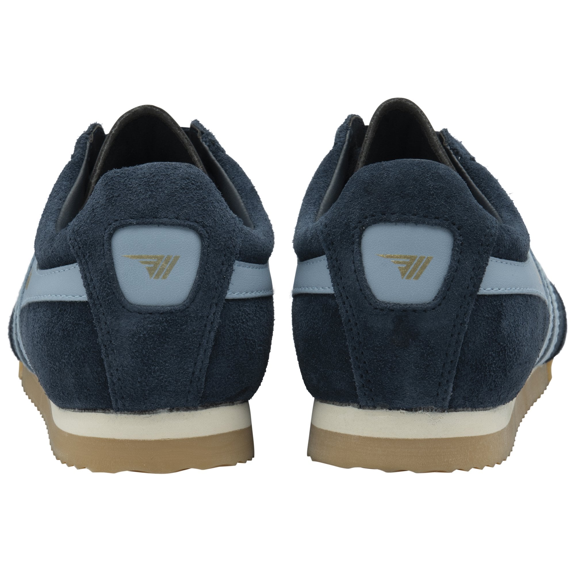 The rear view of a pair of Gola low-top navy and light blue sneakers with gum soles.
