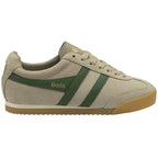 A single Gola Harrier trainer in tan with green stripes, viewed from the side.