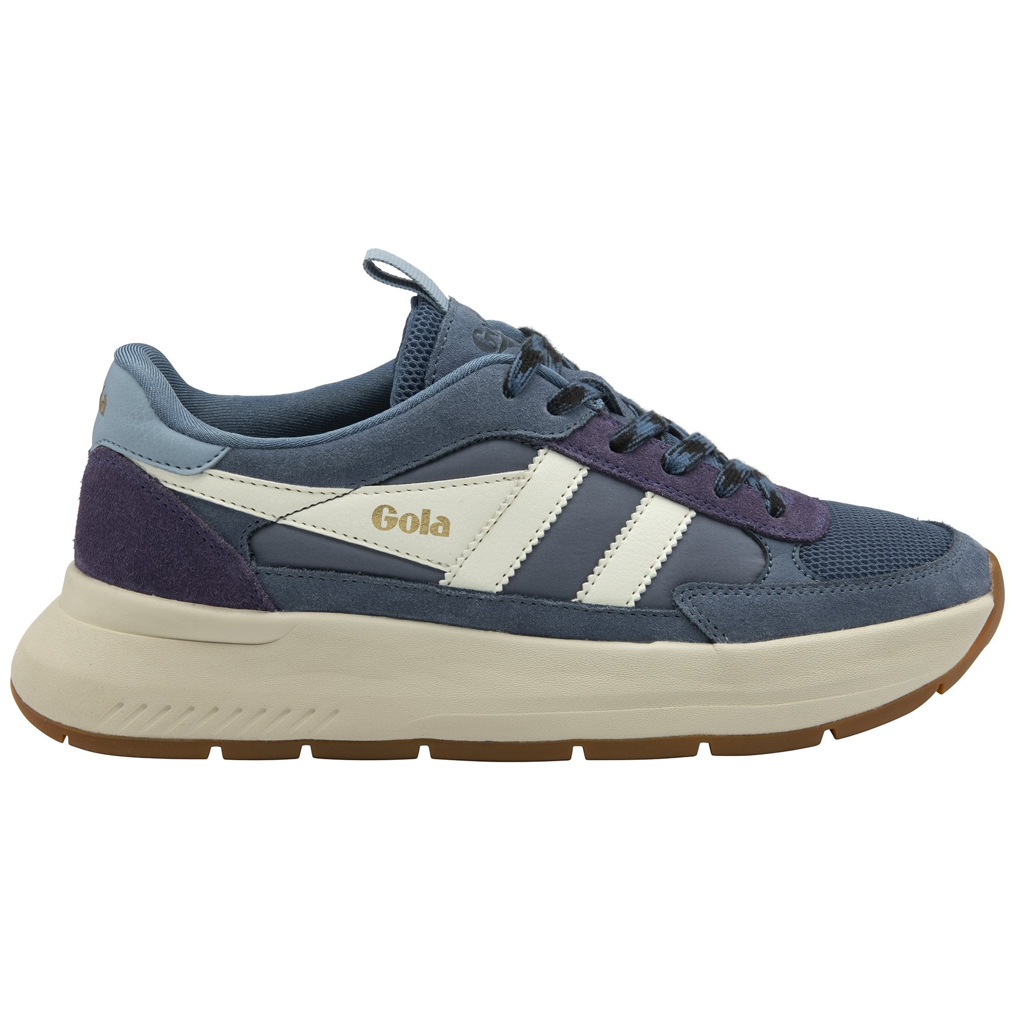 A single Gola women's trainer, viewed from the side, with a navy upper, white stripes, and a tan sole.
