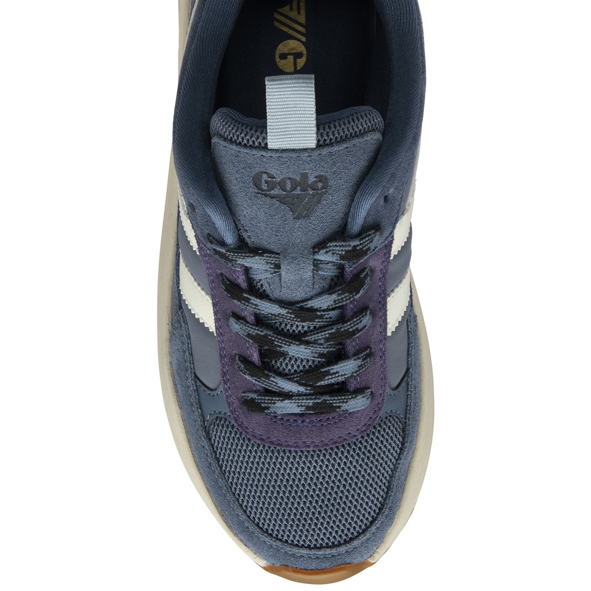 A single Gola women's trainer, viewed from directly above, with a navy upper, white stripes, and tan sole.