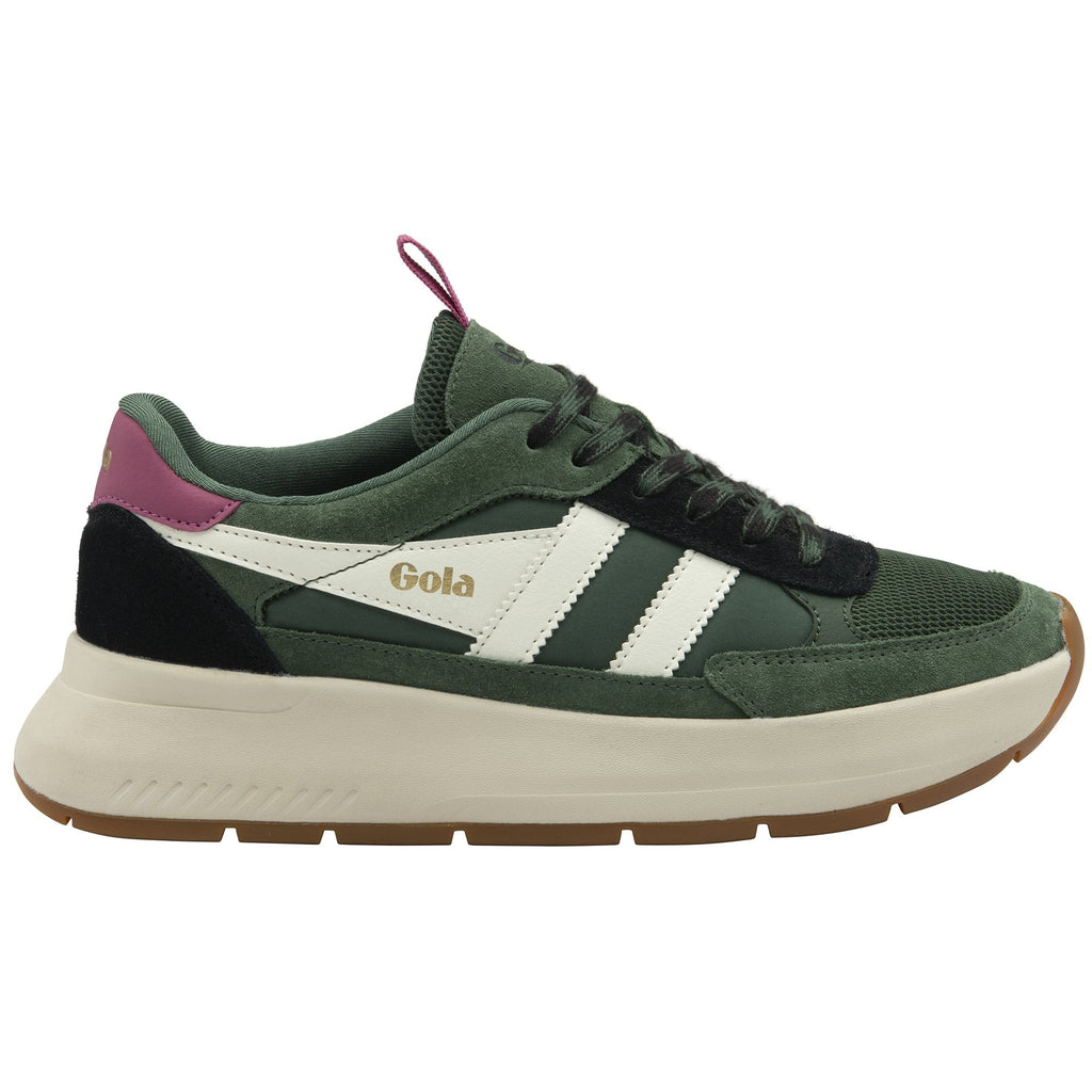 A single Gola women's trainer, green with white stripes, positioned sideways.