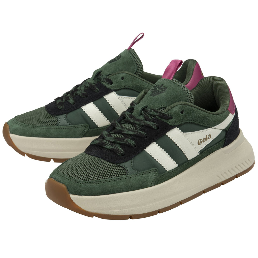Two Gola women's trainers, green with white stripes, one slightly behind the other.