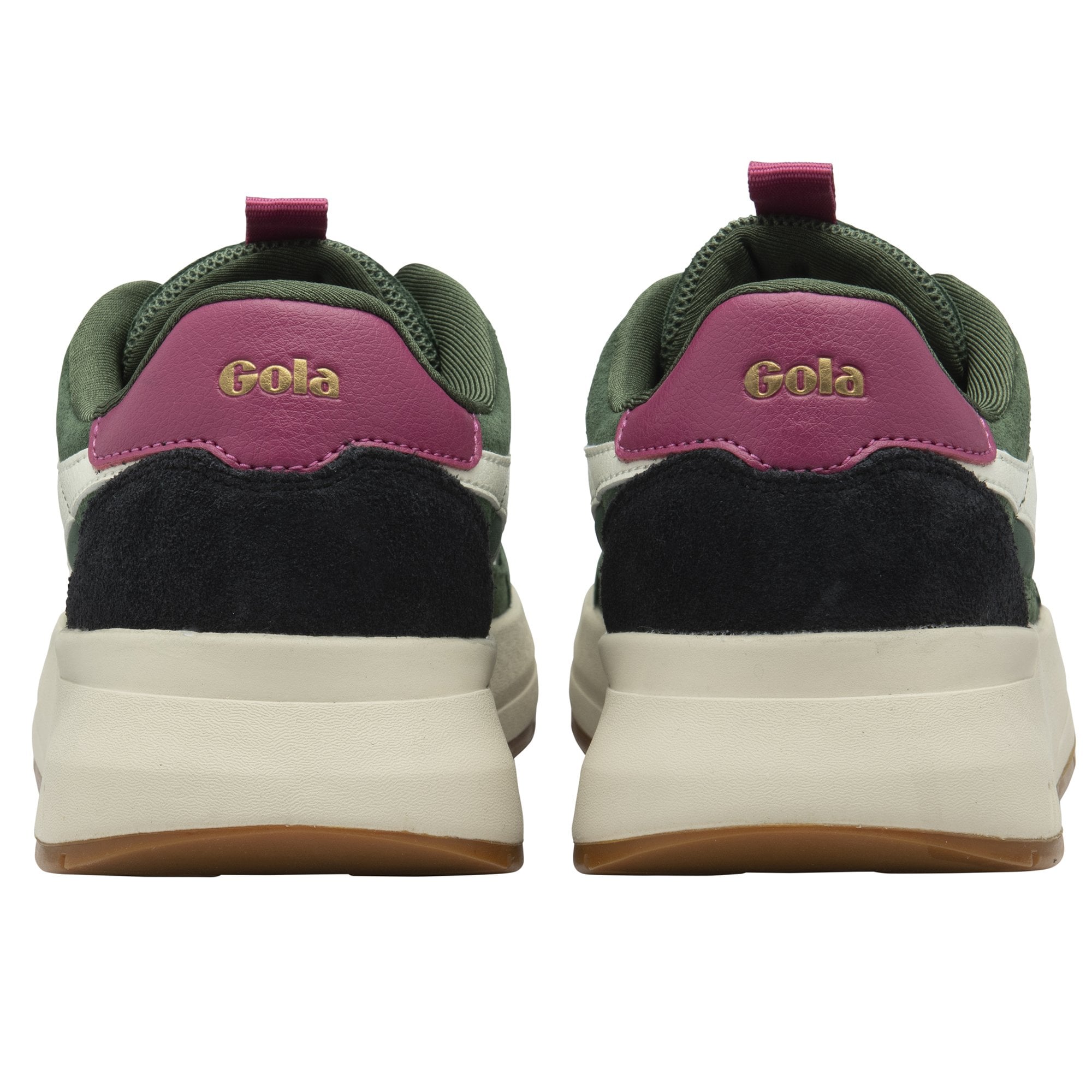 The back view of two Gola women's trainers, highlighting the magenta heel accents.