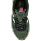 An overhead view of a Gola women's trainer, showing the green mesh and lacing.