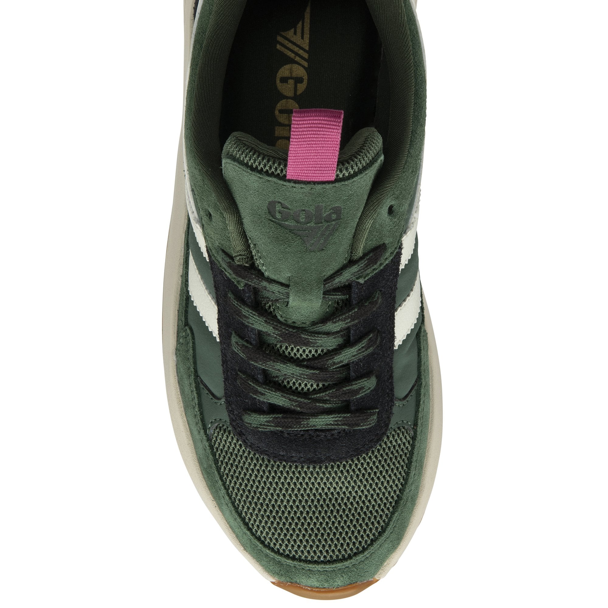 An overhead view of a Gola women's trainer, showing the green mesh and lacing.