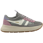 A grey Gola sneaker with pink and purple accents on a thick white sole.