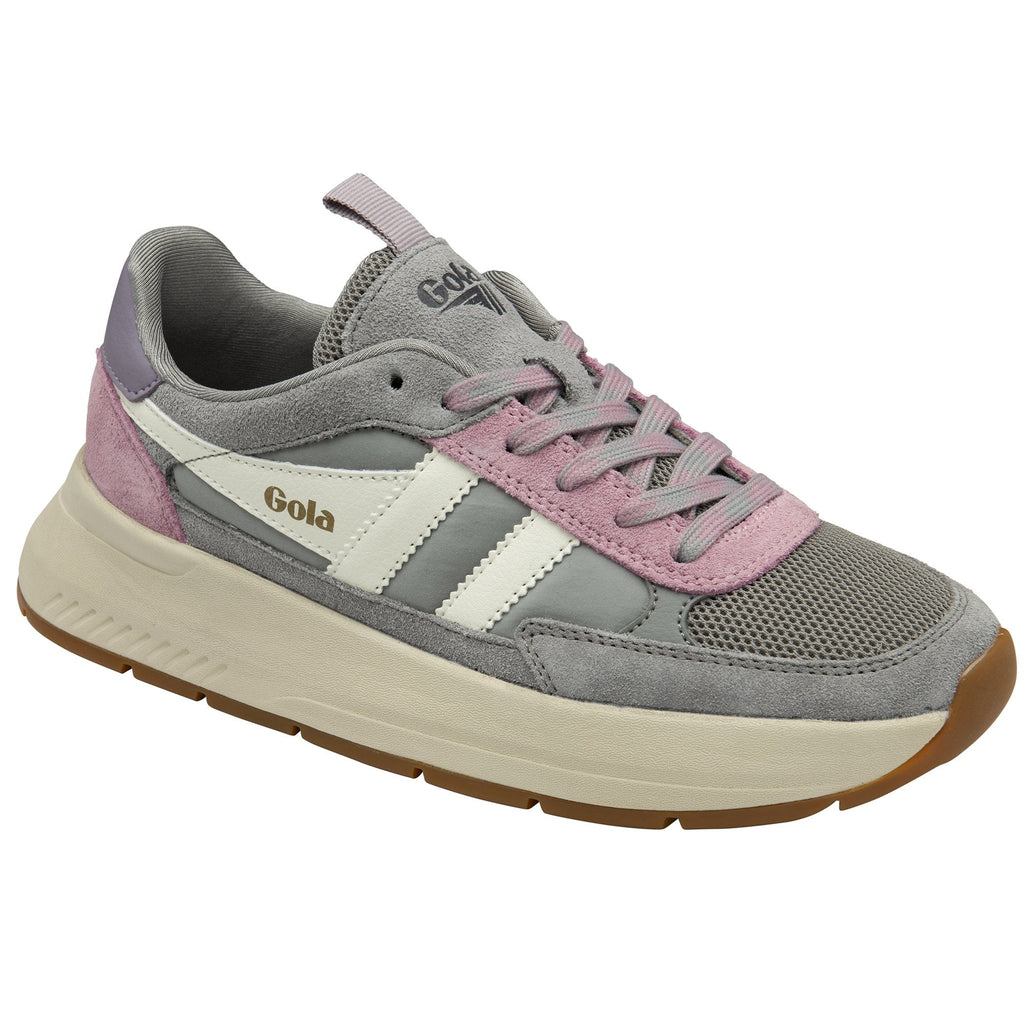 A side view of a grey Gola sneaker with pink and purple details.
