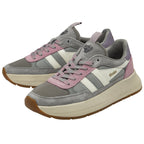 A pair of grey Gola sneakers with pink and purple trim on a white background.