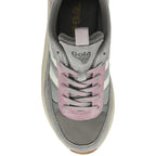 Top-down view of a grey Gola sneaker with pink laces and purple accents.