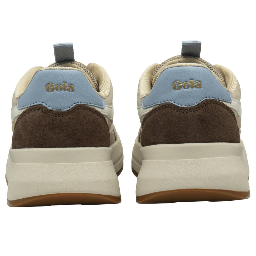 The back view of a pair of beige, brown, and light blue sneakers, showing the heels.