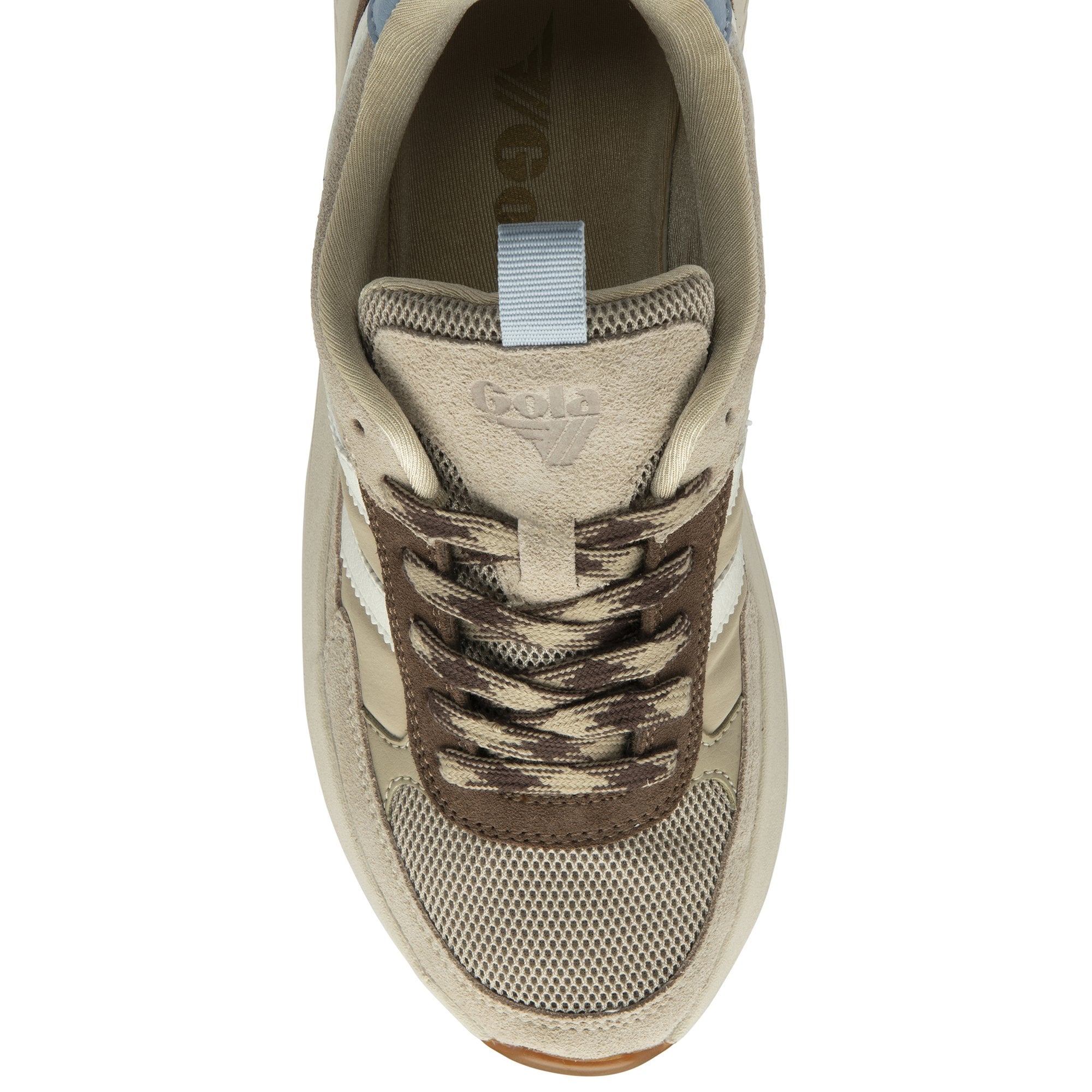 An overhead view of a single beige, brown, and light blue sneaker with patterned laces.
