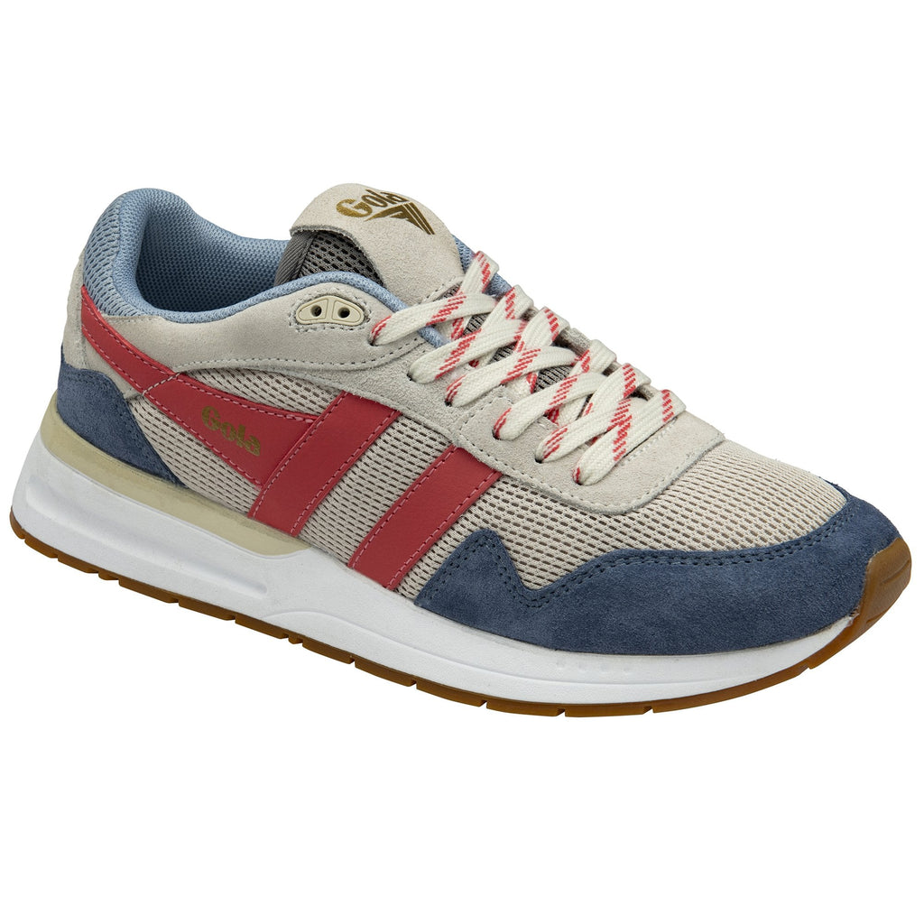 A single Gola women's trainer, in light blue, off-white, and red, is shown from an angle.