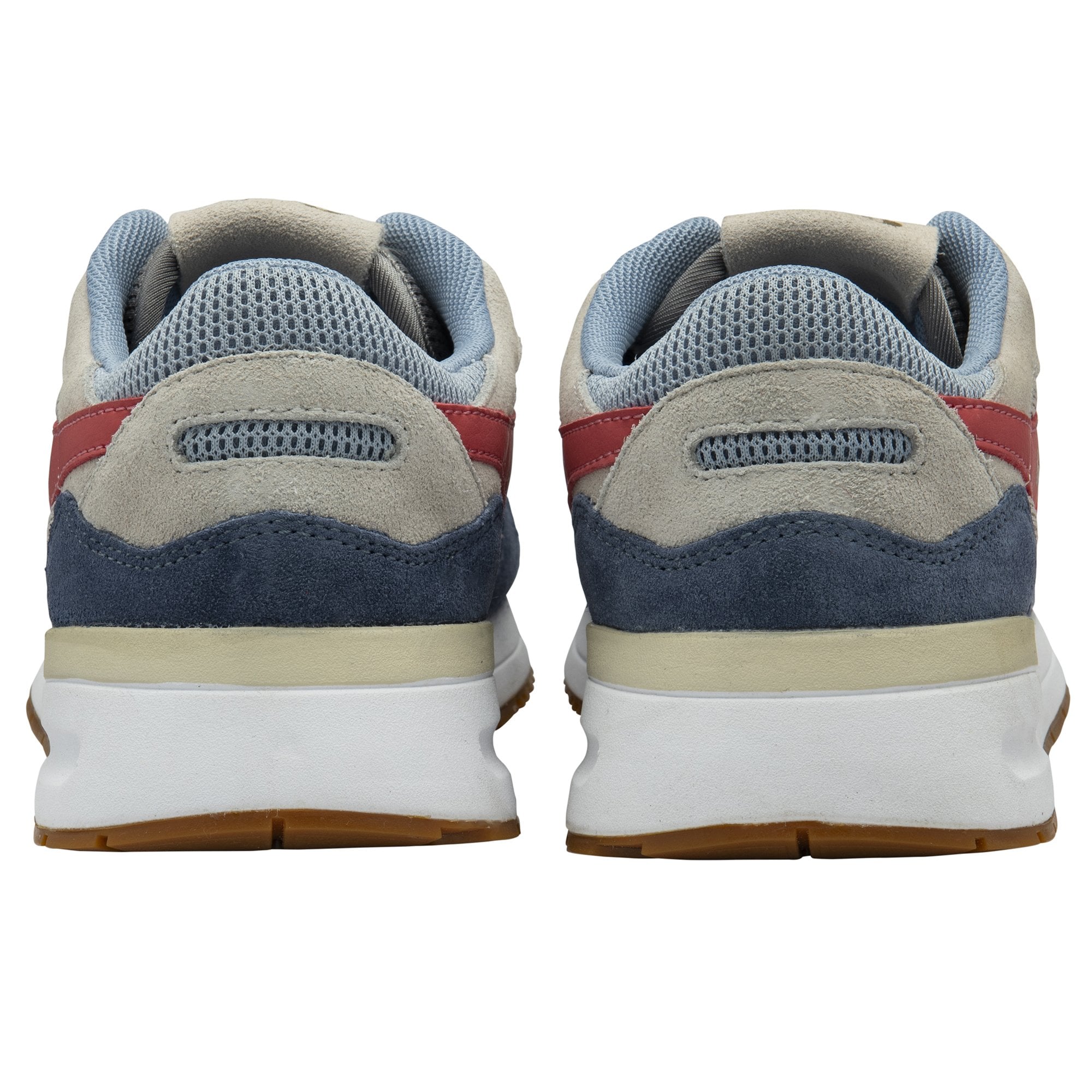 The heels of two Gola women's trainers, in light blue, off-white, and red, are shown.