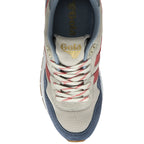 The front of a Gola women's trainer, in light blue, off-white, and red, is shown.