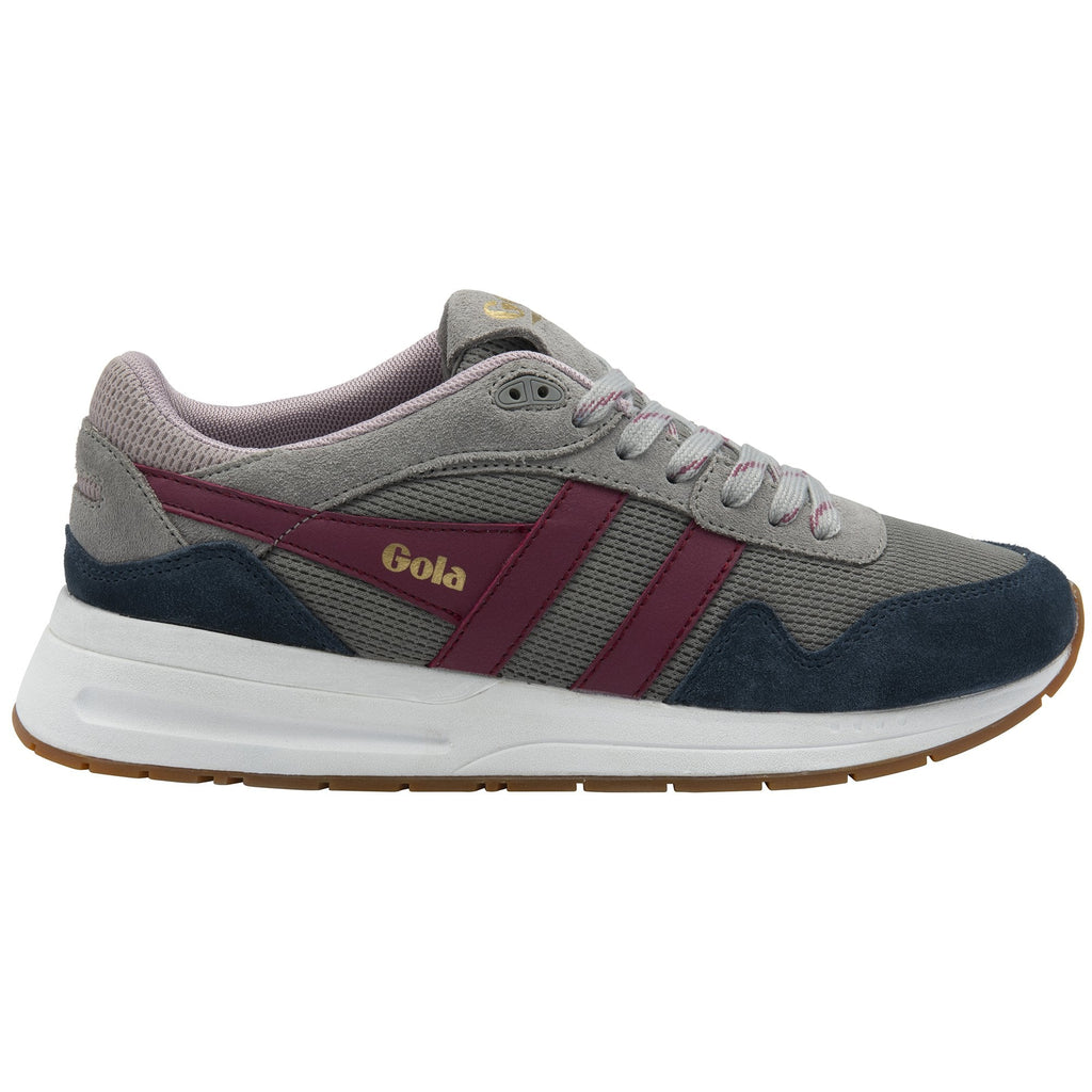 A single Gola women's sneaker, grey with navy, maroon, and white accents, viewed from the side.