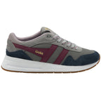 A single Gola women's sneaker, grey with navy, maroon, and white accents, viewed from the side.