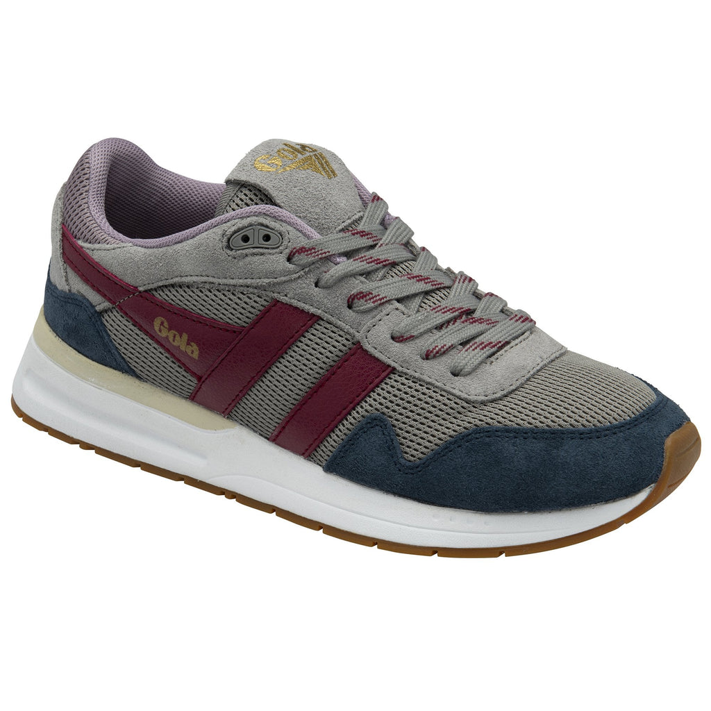 A single Gola women's sneaker, grey with navy, maroon, and white accents, angled.