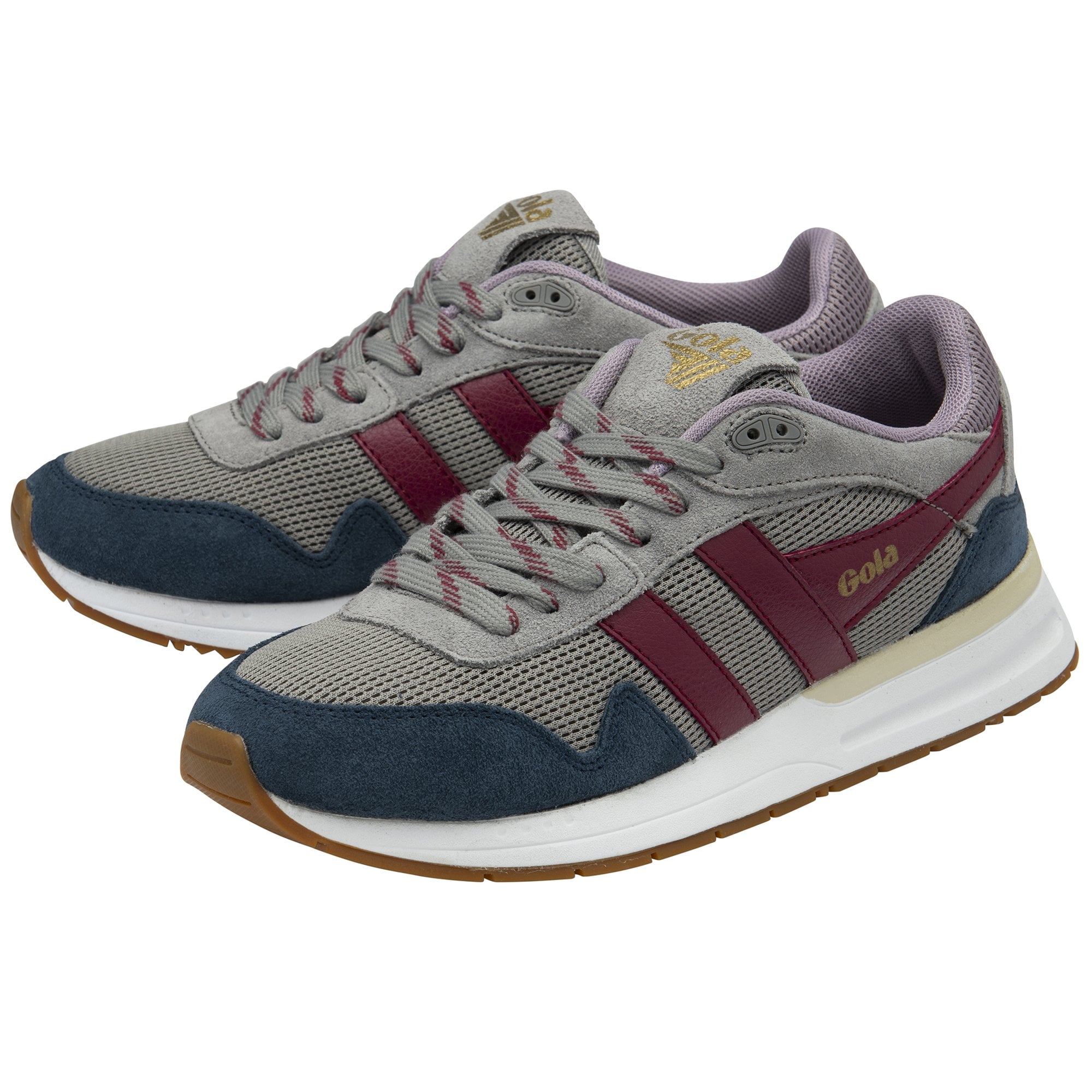 A pair of Gola women's sneakers, grey with navy, maroon, and white accents.