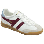 A white Gola trainer with burgundy stripes and light blue trim on the heel.