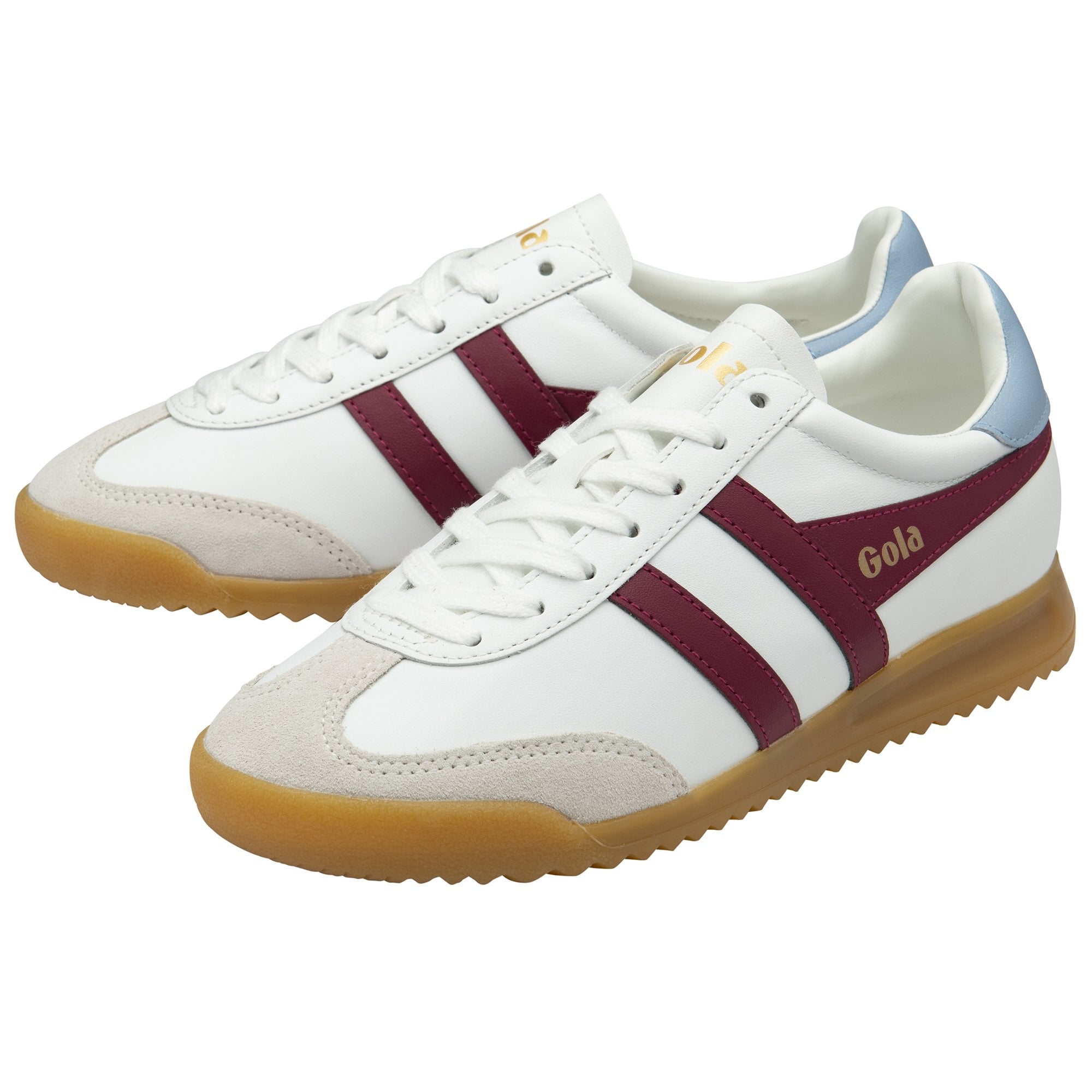 A pair of Gola low-top trainers in white, burgundy, and light blue with gum soles.