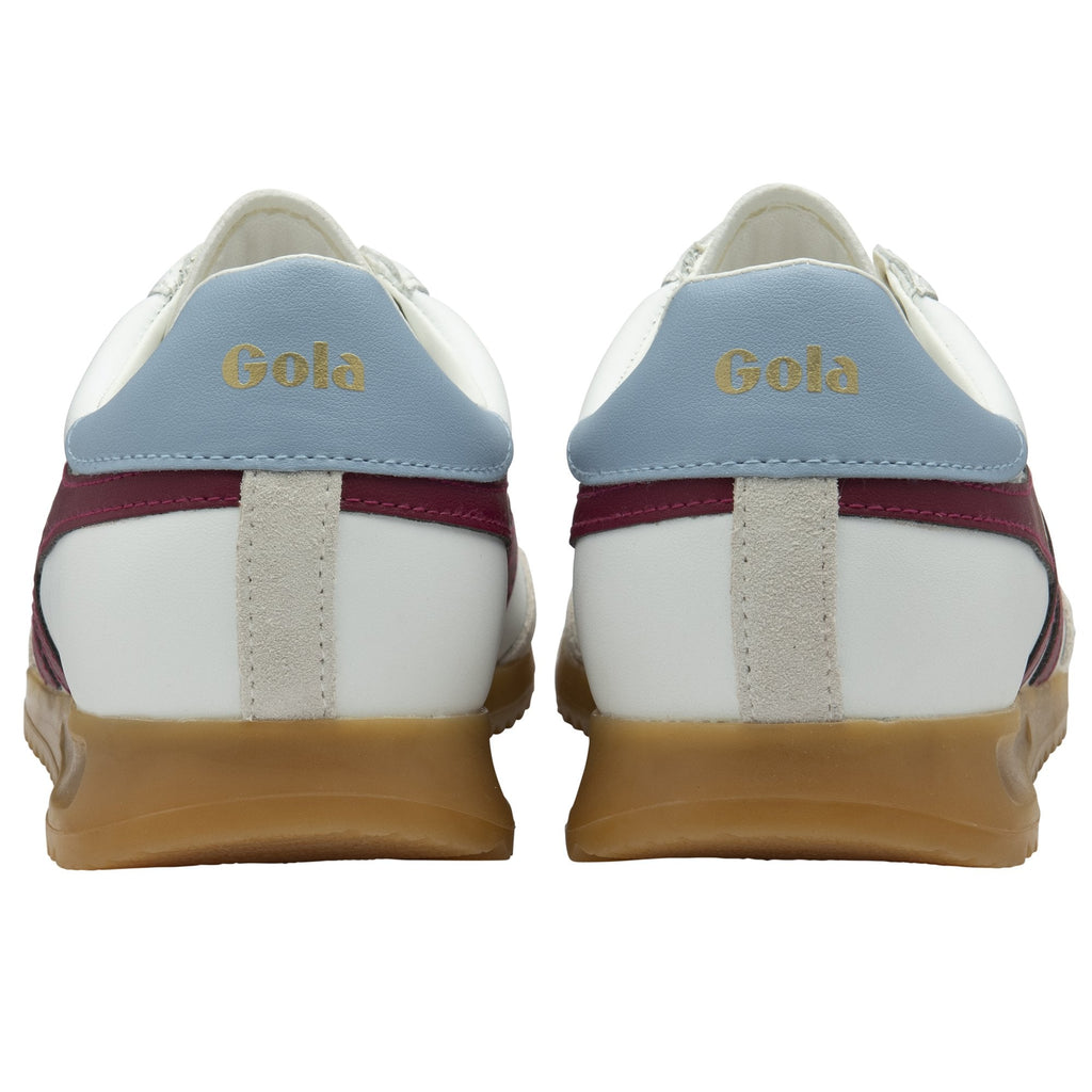 The back view of a pair of white Gola trainers with light blue heels.