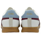 The back view of a pair of white Gola trainers with light blue heels.
