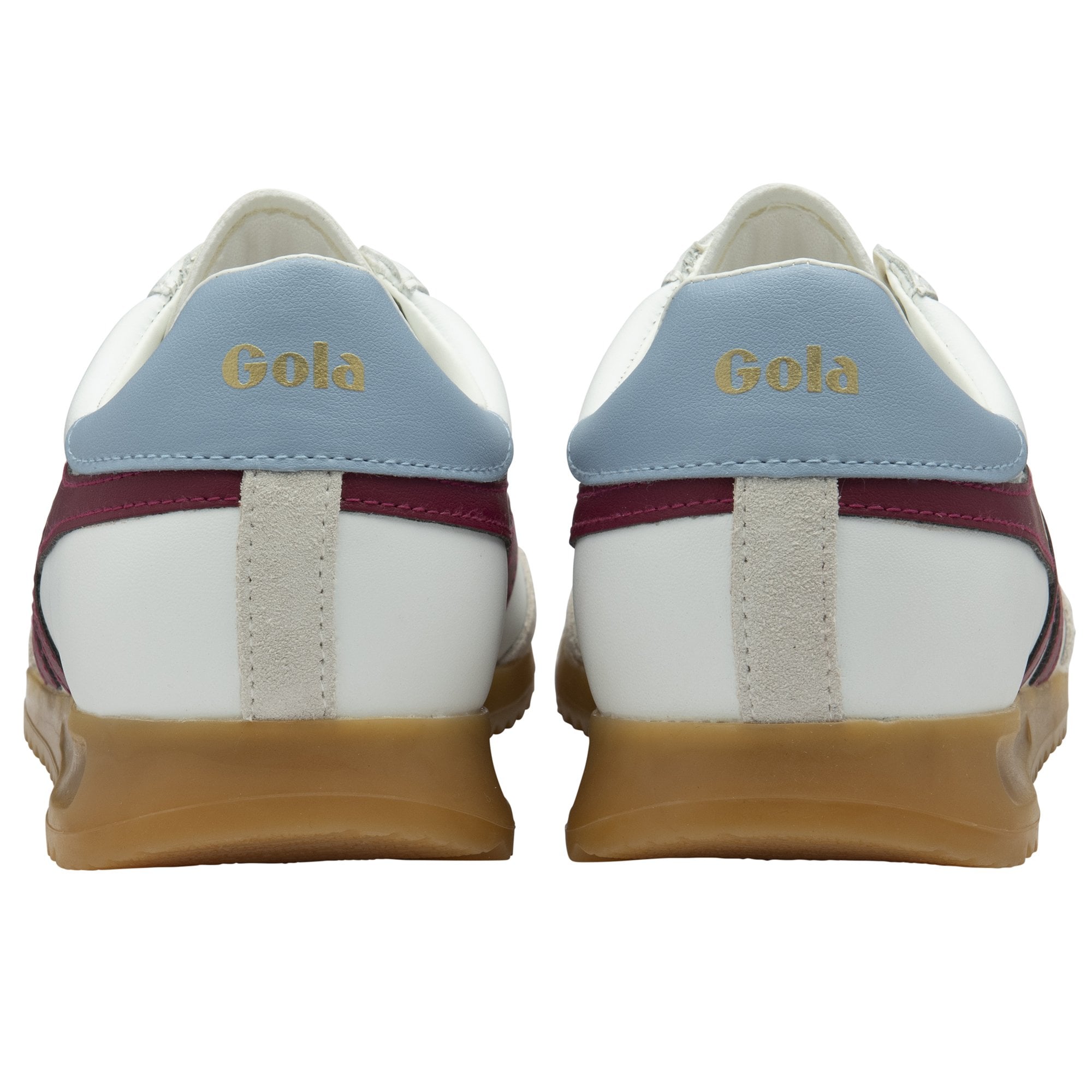 The back view of a pair of white Gola trainers with light blue heels.