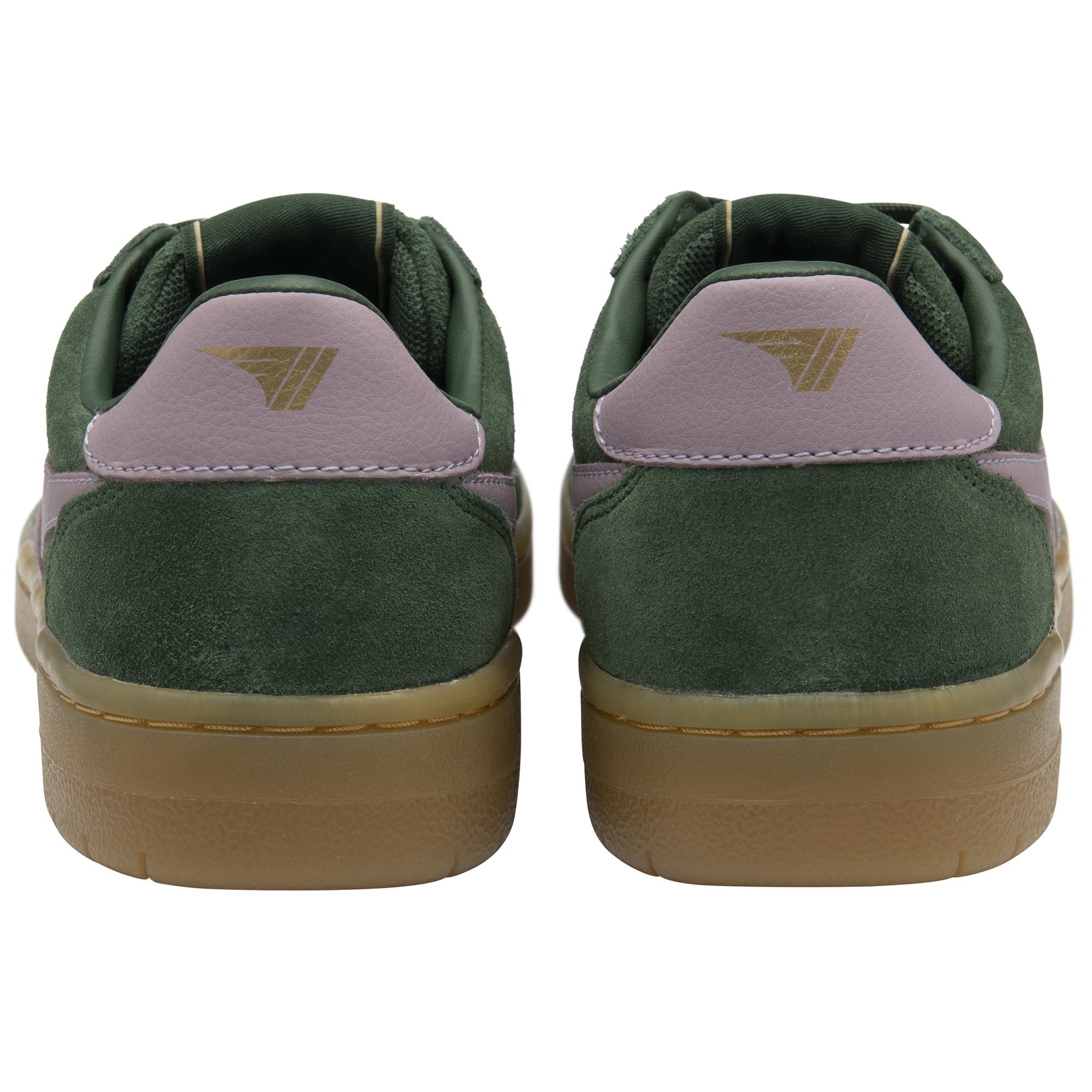 The back of a pair of Gola low-top sneakers, dark green suede with light pink heel tabs.