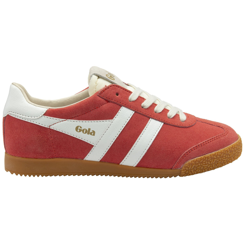 A single red Gola sneaker with white stripes and tan sole on a white background.