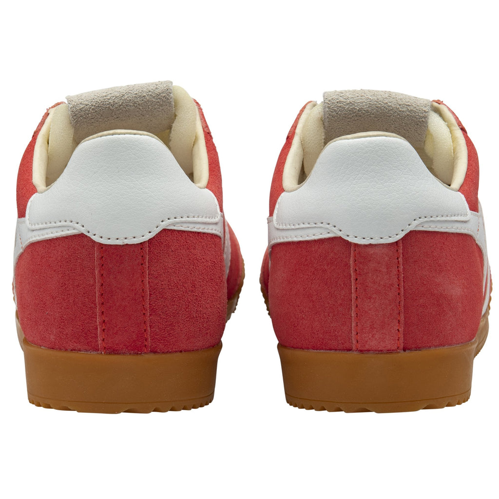 The rear view of a pair of red Gola sneakers with white heel accents and tan soles.