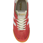 Top-down view of a single red Gola sneaker with white stripes and a tan sole.