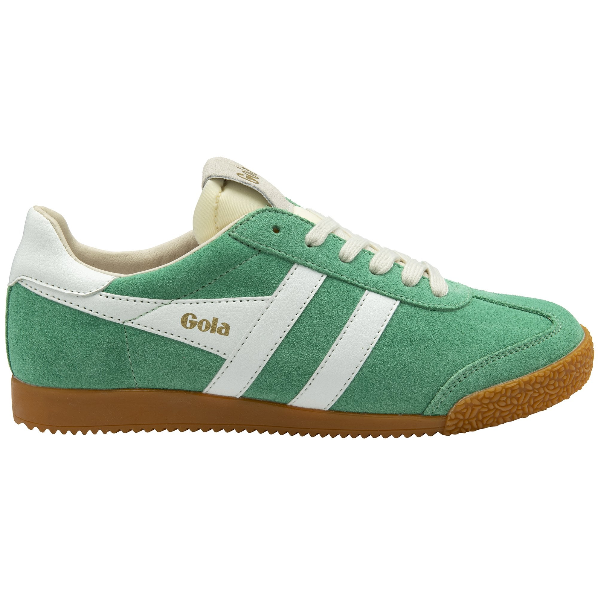 A single Gola Elan trainer in green with white stripes and a gum sole, viewed from the side.