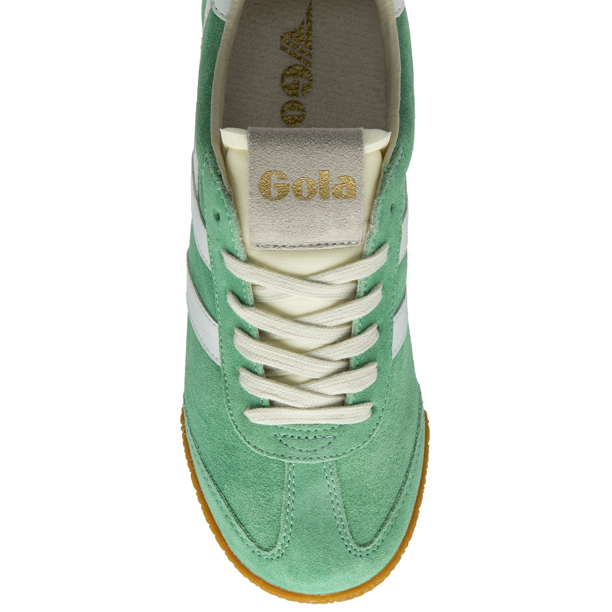 An overhead view of a single green Gola Elan trainer with white stripes and cream laces.