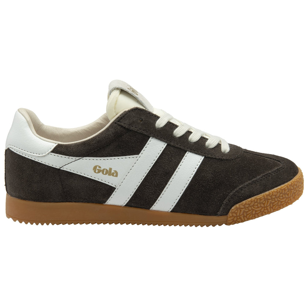 Side profile of a Gola shoe with a white stripe and a brown sole.