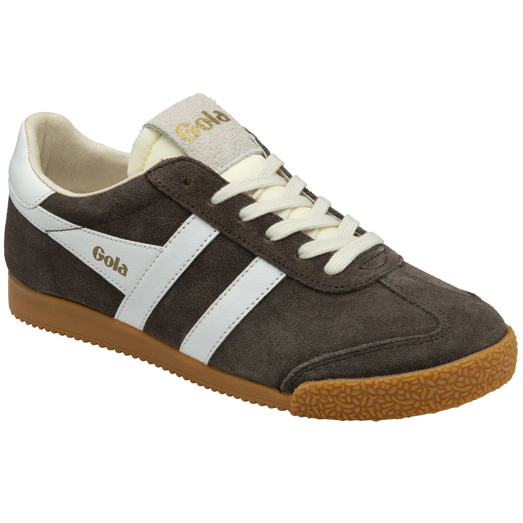Angled view of a Gola shoe with a white stripe and a brown sole.