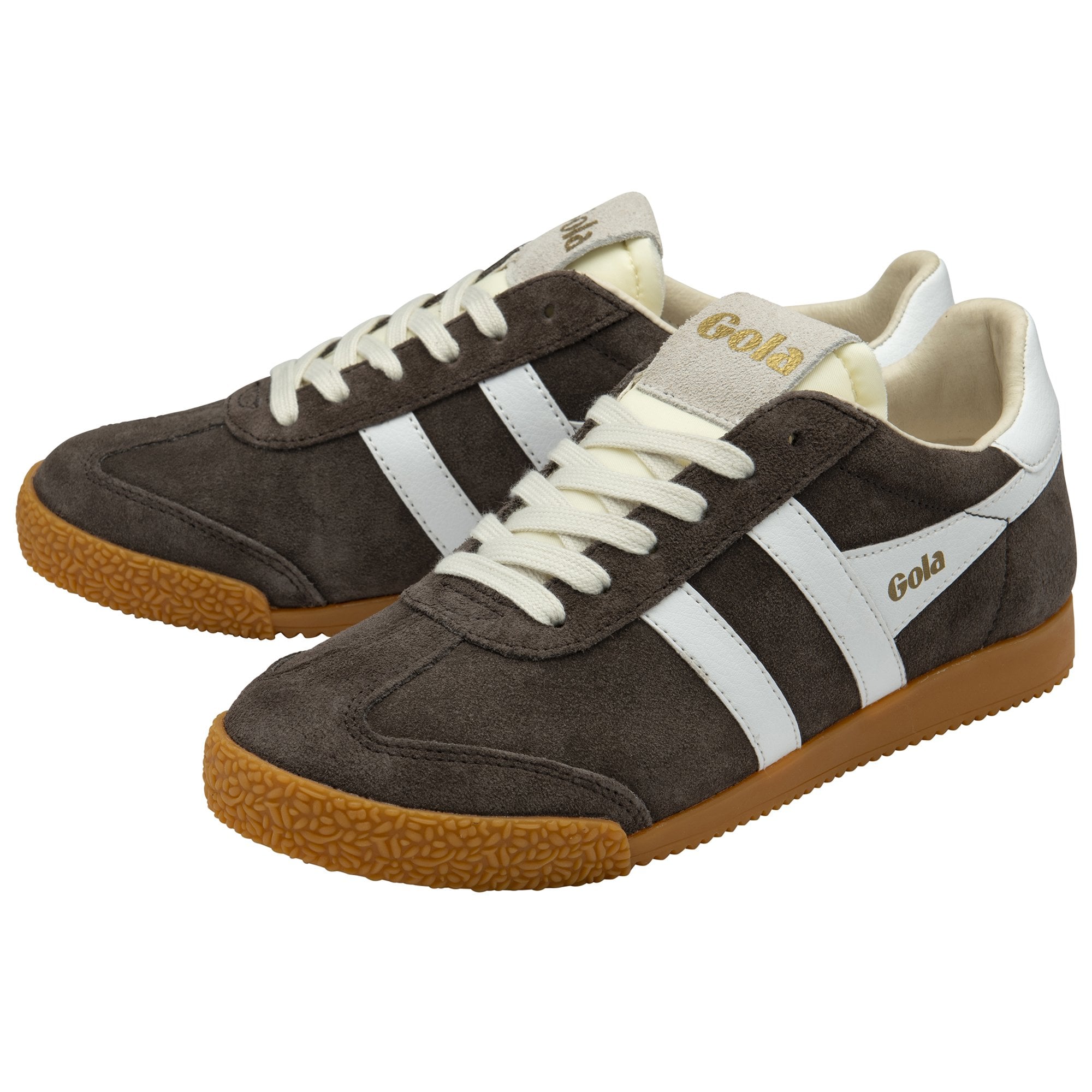 Pair of Gola shoes with white stripes and brown soles.
