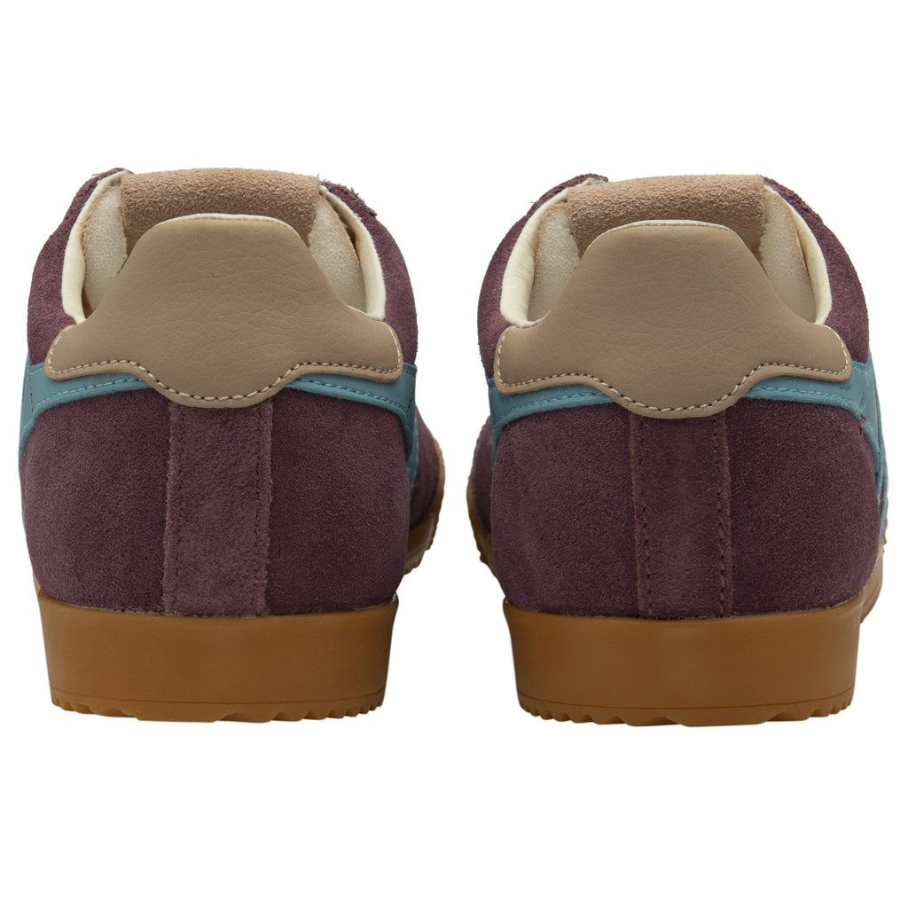 Back view of a pair of Gola men's shoes in plum, blue, and brown.