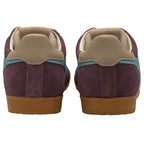 Back view of a pair of Gola men's shoes in plum, blue, and brown.