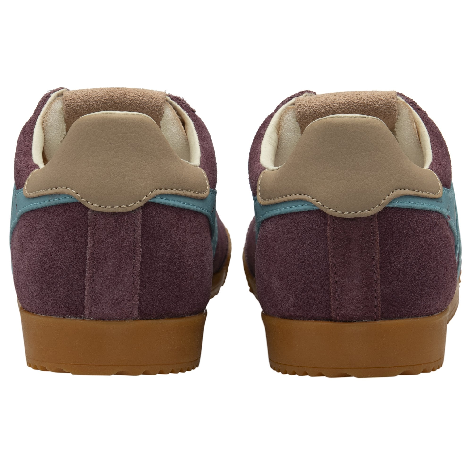 Back view of a pair of Gola men's shoes in plum, blue, and brown.